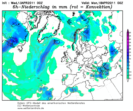 Lluvias previstas en Semana Santa por GFS 00 UTC 13-04-11