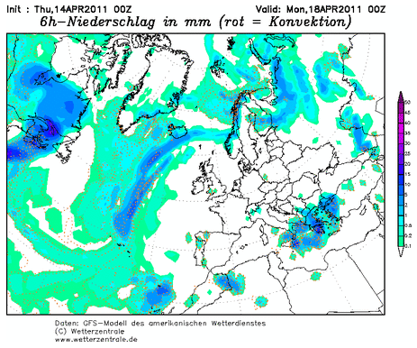 Previsión de lluvias para Semana Santa por GFS 00 UTC 14-04-11