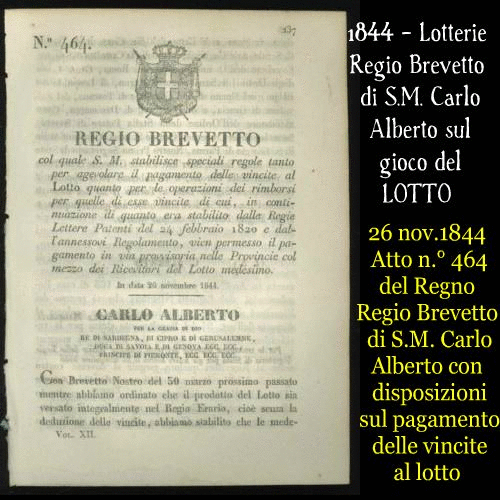 1844 - Lotterie Regio Brevetto di S.M. Carlo Alberto sul gioco del LOTTO