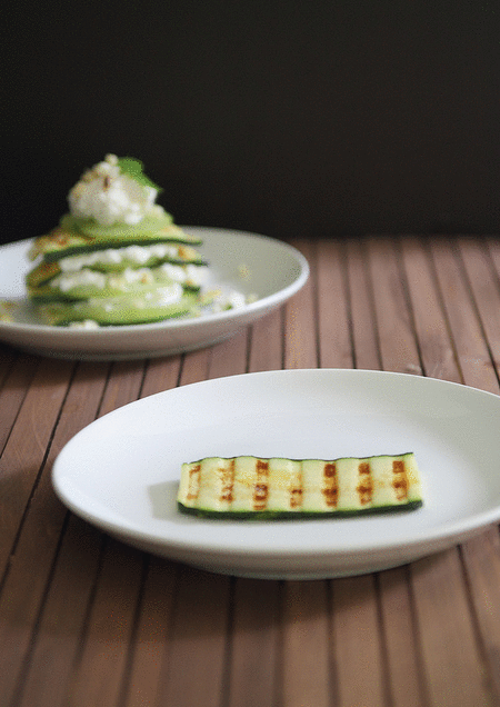 Grilled zucchini stacked with ricotta