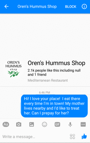 Oren's Hummus is using Messenger 