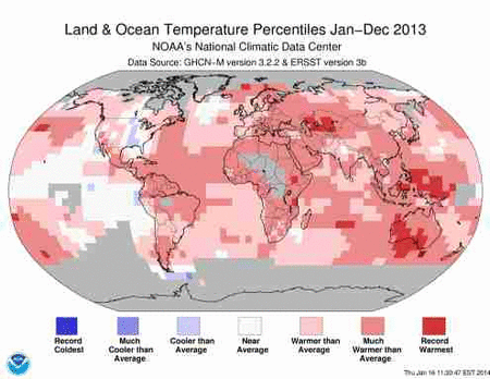 Global temperature percentiles 2013 - 2015