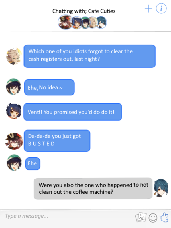 Chat window with Albedo arguing with Venti, Hu tao and xiangling join in.